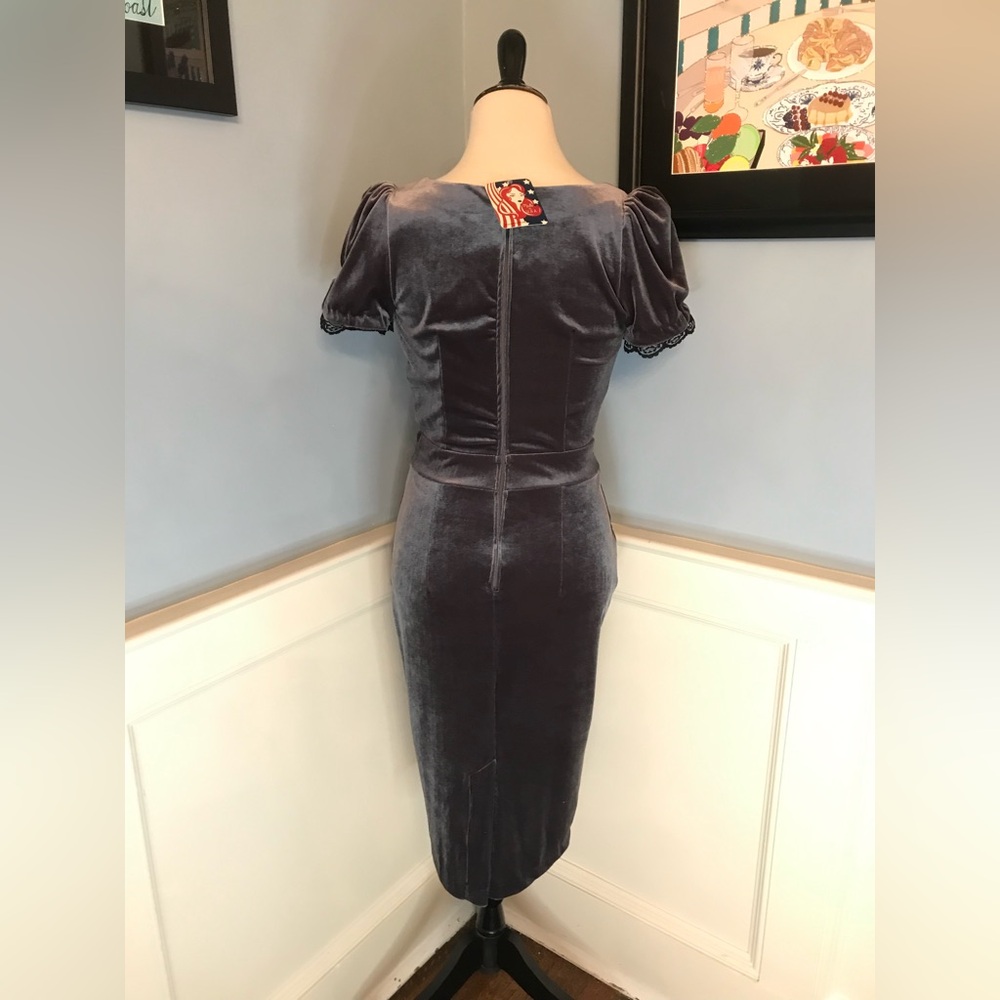 Laura Byrnes Pinup Couture Charcoal Velvet Midi Dress with Black Lace Trim - Picture 4 of 9